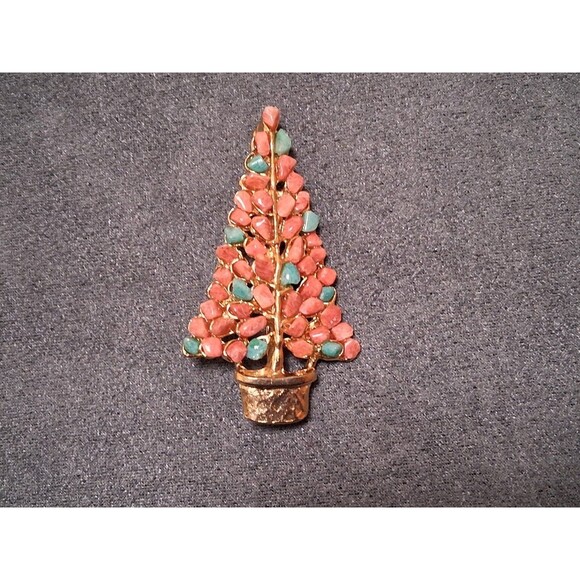 Pink Stone Christmas Tree Brooch Swoboda? Gold Tone Glass Vintage - Picture 1 of 3
